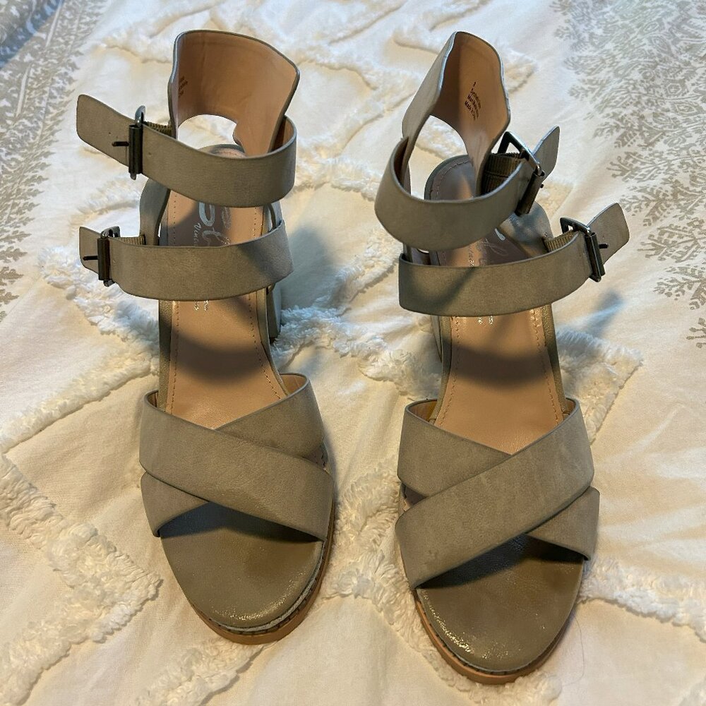 Grey platform ankle strap block heel sandal
